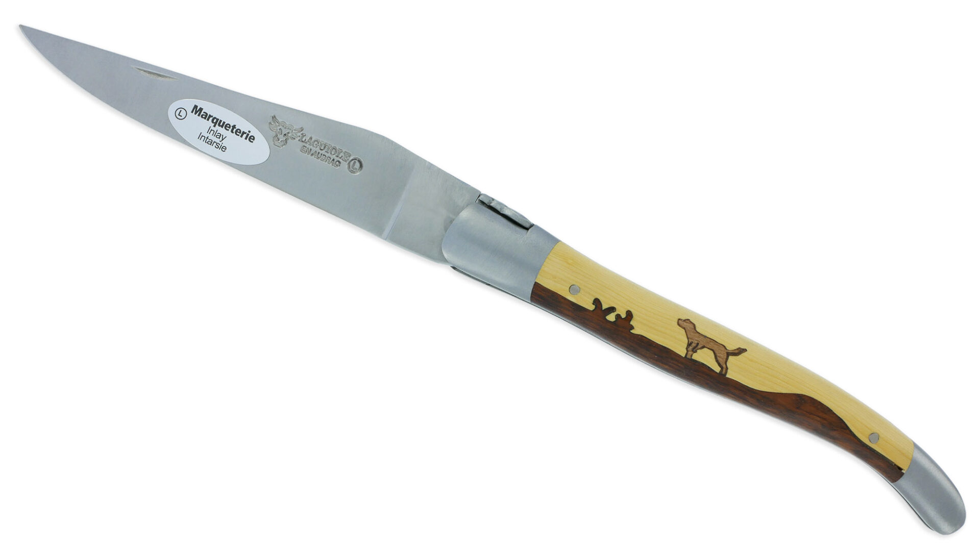 Couteau Laguiole En Aubrac 1 Piece 12 Cm Manche Marqueterie Chien Genevrier Et Buis 2 Mitres Inox Brosse 02