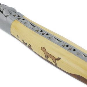Couteau Laguiole En Aubrac 1 Piece 12 Cm Manche Marqueterie Chien Genevrier Et Buis 2 Mitres Inox Brosse 03