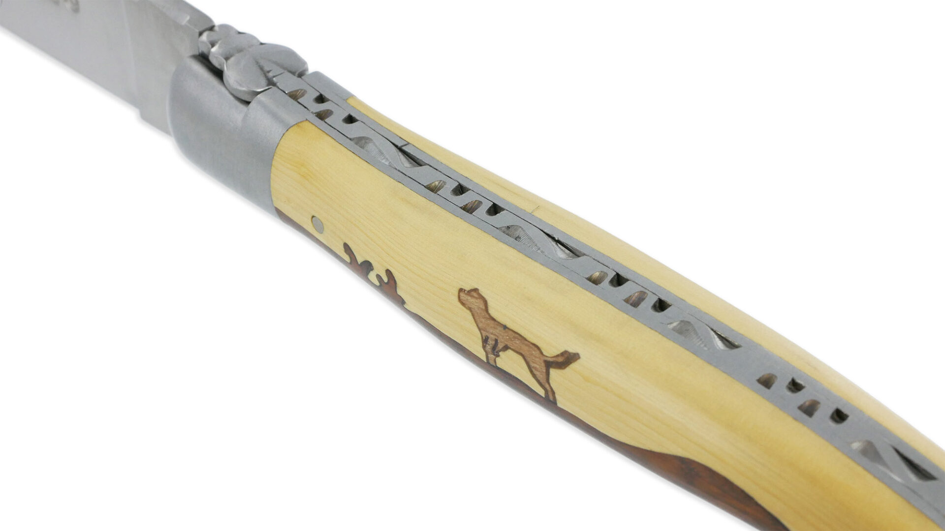 Couteau Laguiole En Aubrac 1 Piece 12 Cm Manche Marqueterie Chien Genevrier Et Buis 2 Mitres Inox Brosse 03