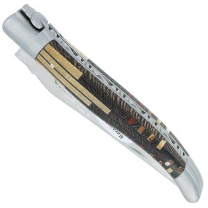 Couteau Laguiole En Aubrac 1 Piece 12 Cm Manche Marqueterie Puzzle Etincelle 2 Mitres Inox Brosse 00
