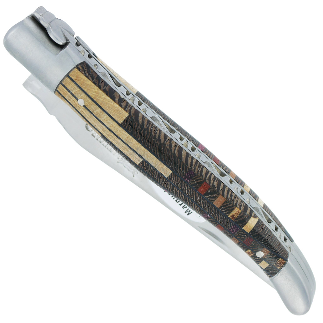 Couteau Laguiole En Aubrac 1 Piece 12 Cm Manche Marqueterie Puzzle Etincelle 2 Mitres Inox Brosse 00