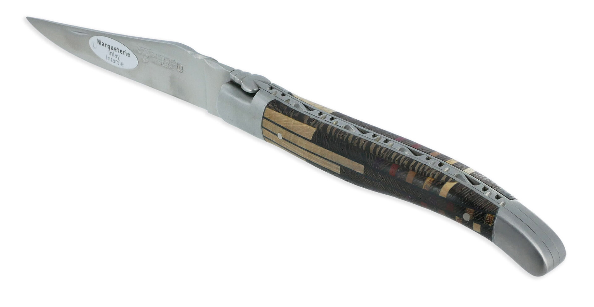 Couteau Laguiole En Aubrac 1 Piece 12 Cm Manche Marqueterie Puzzle Etincelle 2 Mitres Inox Brosse 01