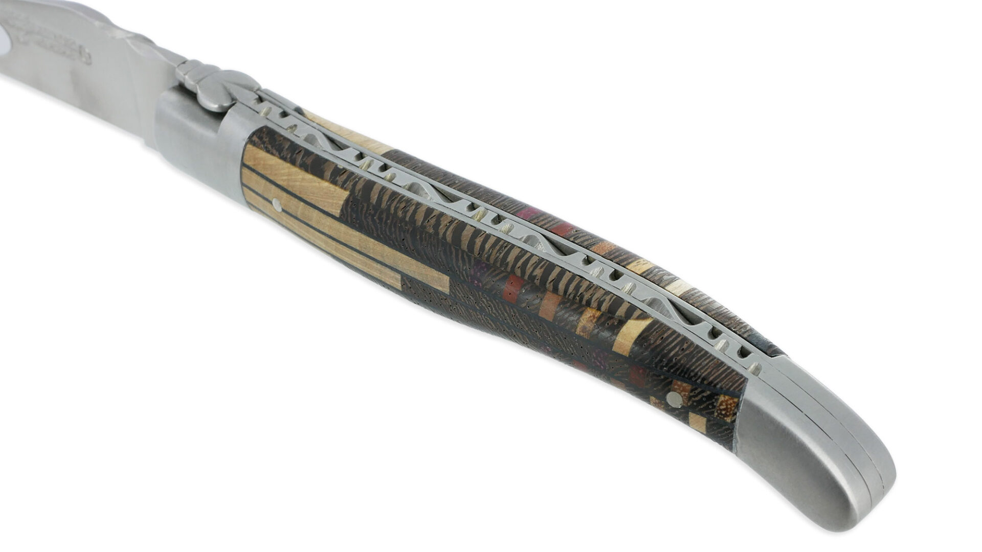 Couteau Laguiole En Aubrac 1 Piece 12 Cm Manche Marqueterie Puzzle Etincelle 2 Mitres Inox Brosse 03