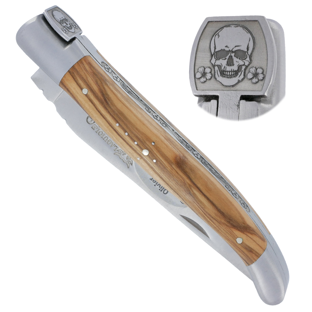 Couteau Laguiole En Aubrac 1 Piece 12 Cm Manche Olivier Ressort Grave Mouche Forgee Prestige Tete De Mort 2 Mitres Inox Brosse 00