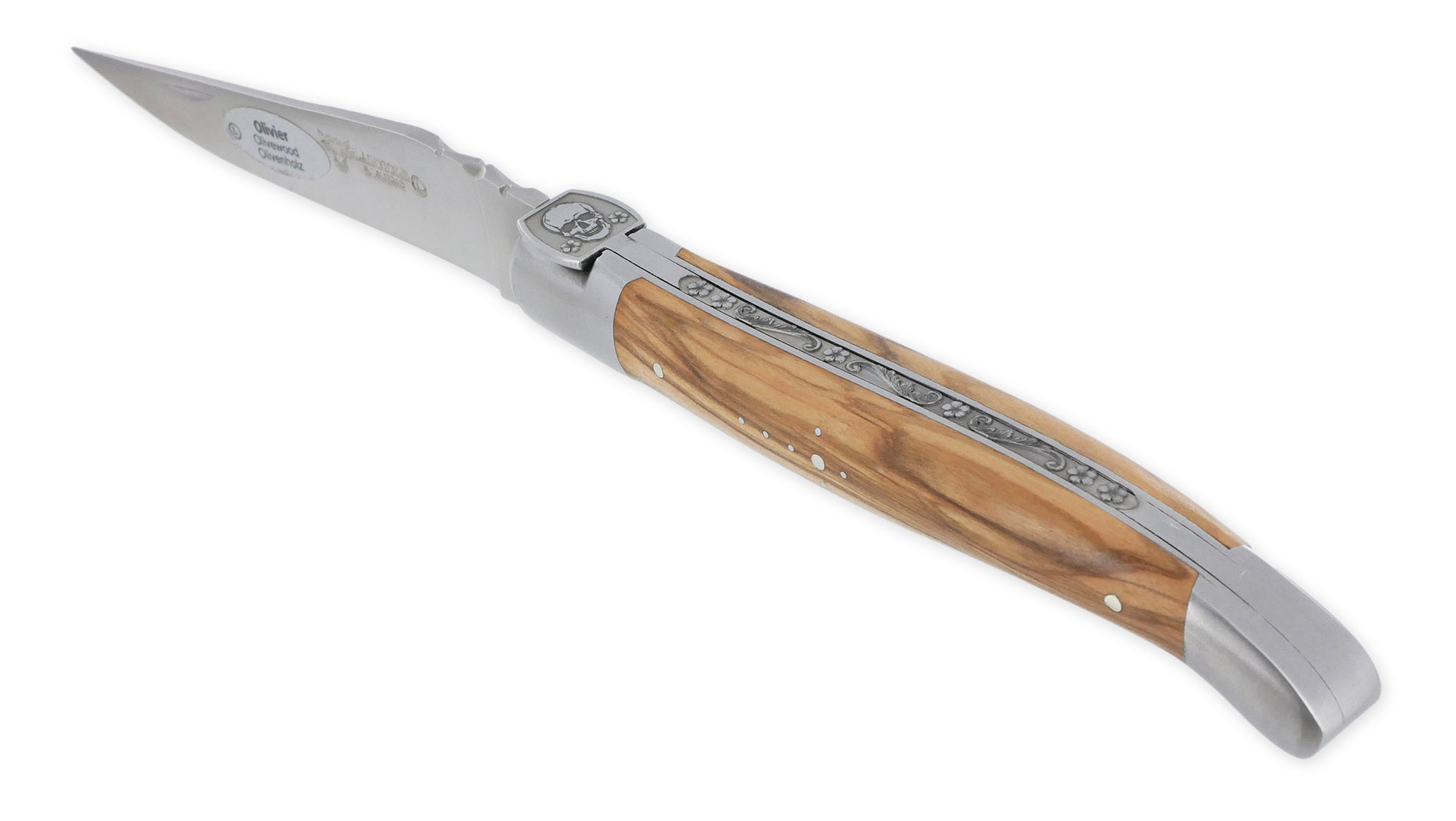 Couteau Laguiole En Aubrac 1 Piece 12 Cm Manche Olivier Ressort Grave Mouche Forgee Prestige Tete De Mort 2 Mitres Inox Brosse 01