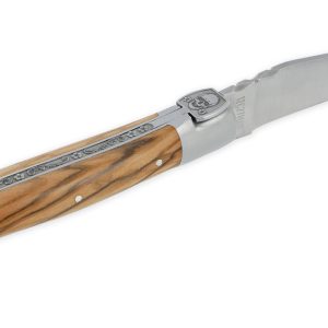 Couteau Laguiole En Aubrac 1 Piece 12 Cm Manche Olivier Ressort Grave Mouche Forgee Prestige Tete De Mort 2 Mitres Inox Brosse 02