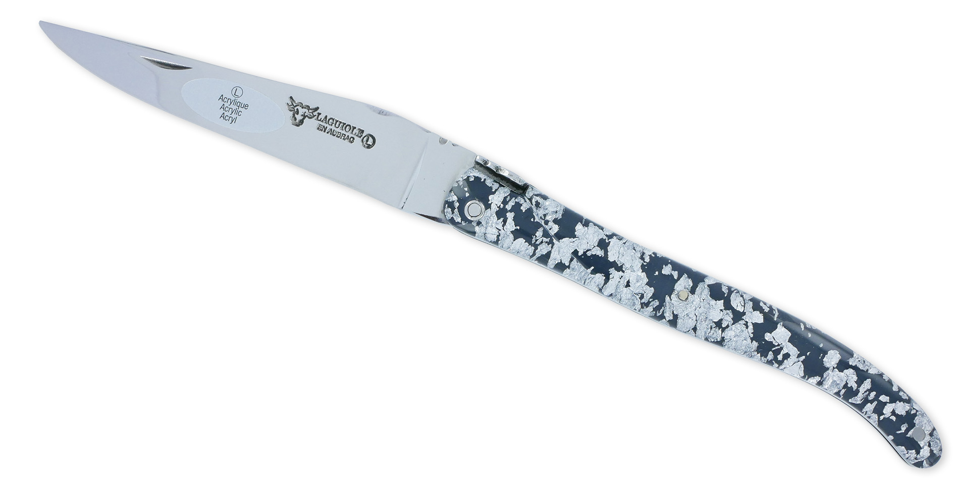 Couteau Laguiole En Aubrac 1 Piece 12 Cm Plein Manche Acrylique Paillete Argent Finition Brillante 01