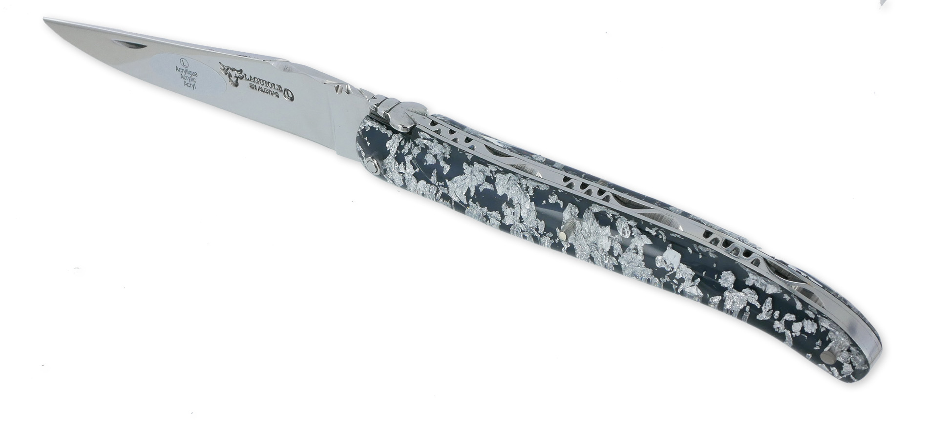 Couteau Laguiole En Aubrac 1 Piece 12 Cm Plein Manche Acrylique Paillete Argent Finition Brillante 02