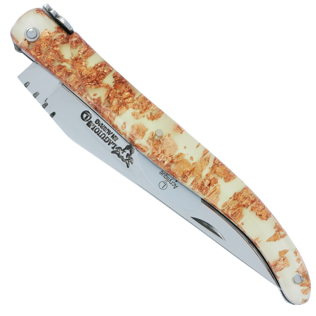 Couteau Laguiole En Aubrac 1 Piece 12 Cm Plein Manche Acrylique Paillete Cuivre Finition Brillante 00