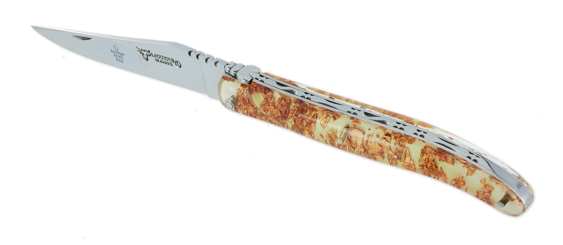 Couteau Laguiole En Aubrac 1 Piece 12 Cm Plein Manche Acrylique Paillete Cuivre Finition Brillante 02