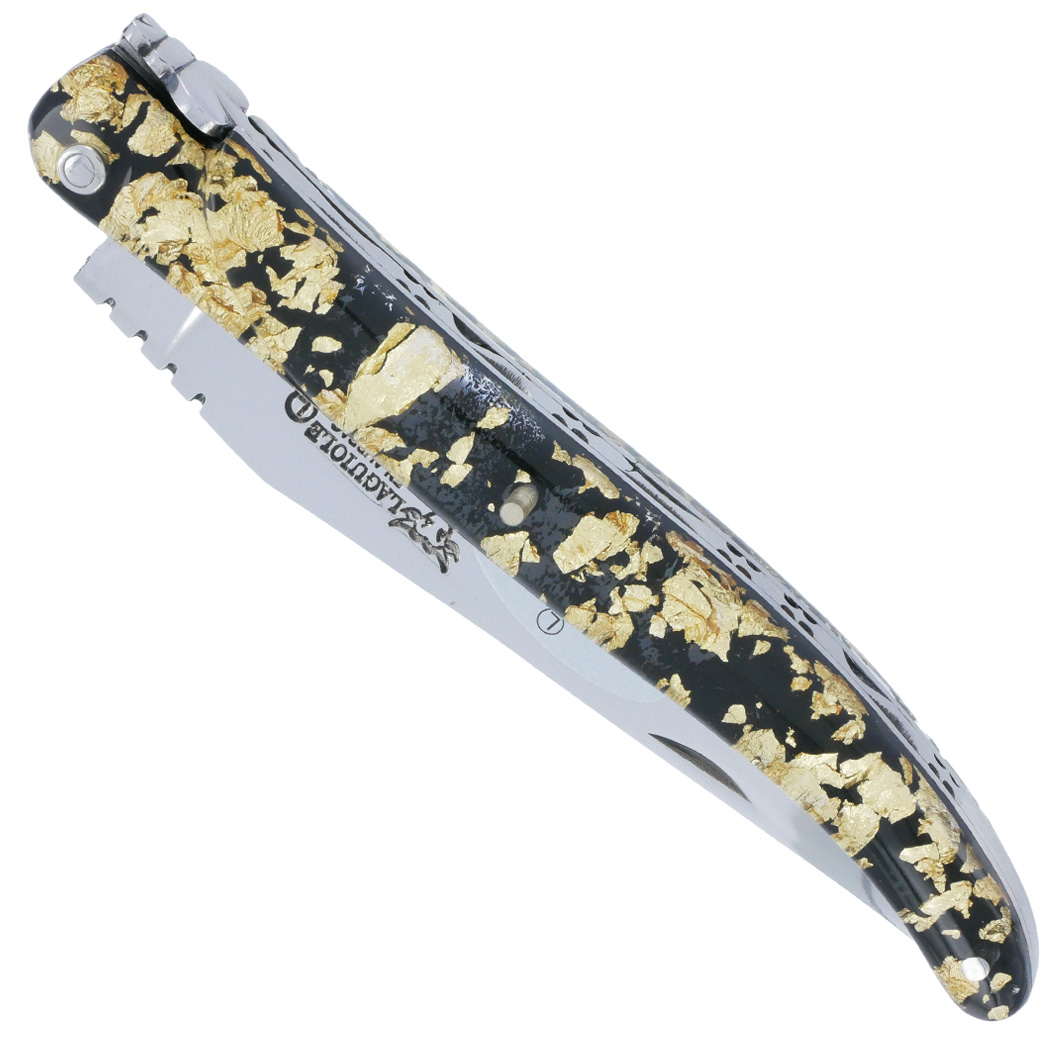 Couteau Laguiole En Aubrac 1 Piece 12 Cm Plein Manche Acrylique Paillete Or Finition Brillante 00