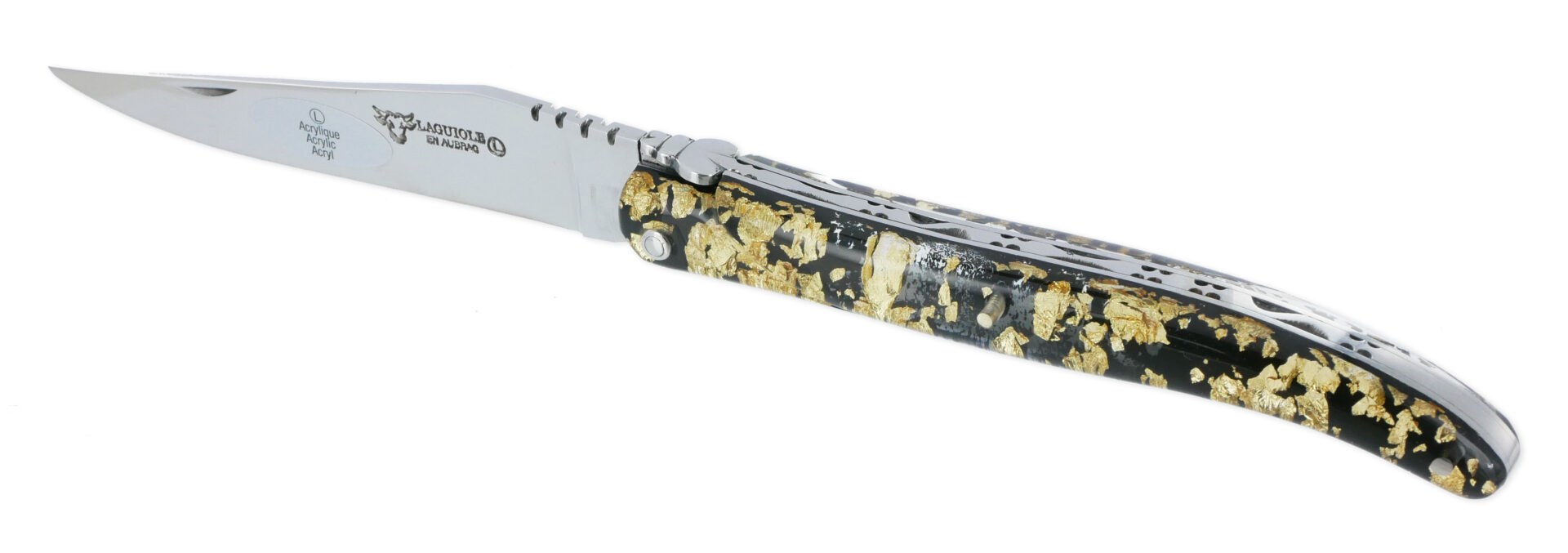 Couteau Laguiole En Aubrac 1 Piece 12 Cm Plein Manche Acrylique Paillete Or Finition Brillante 01