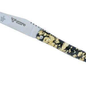 Couteau Laguiole En Aubrac 1 Piece 12 Cm Plein Manche Acrylique Paillete Or Finition Brillante 02