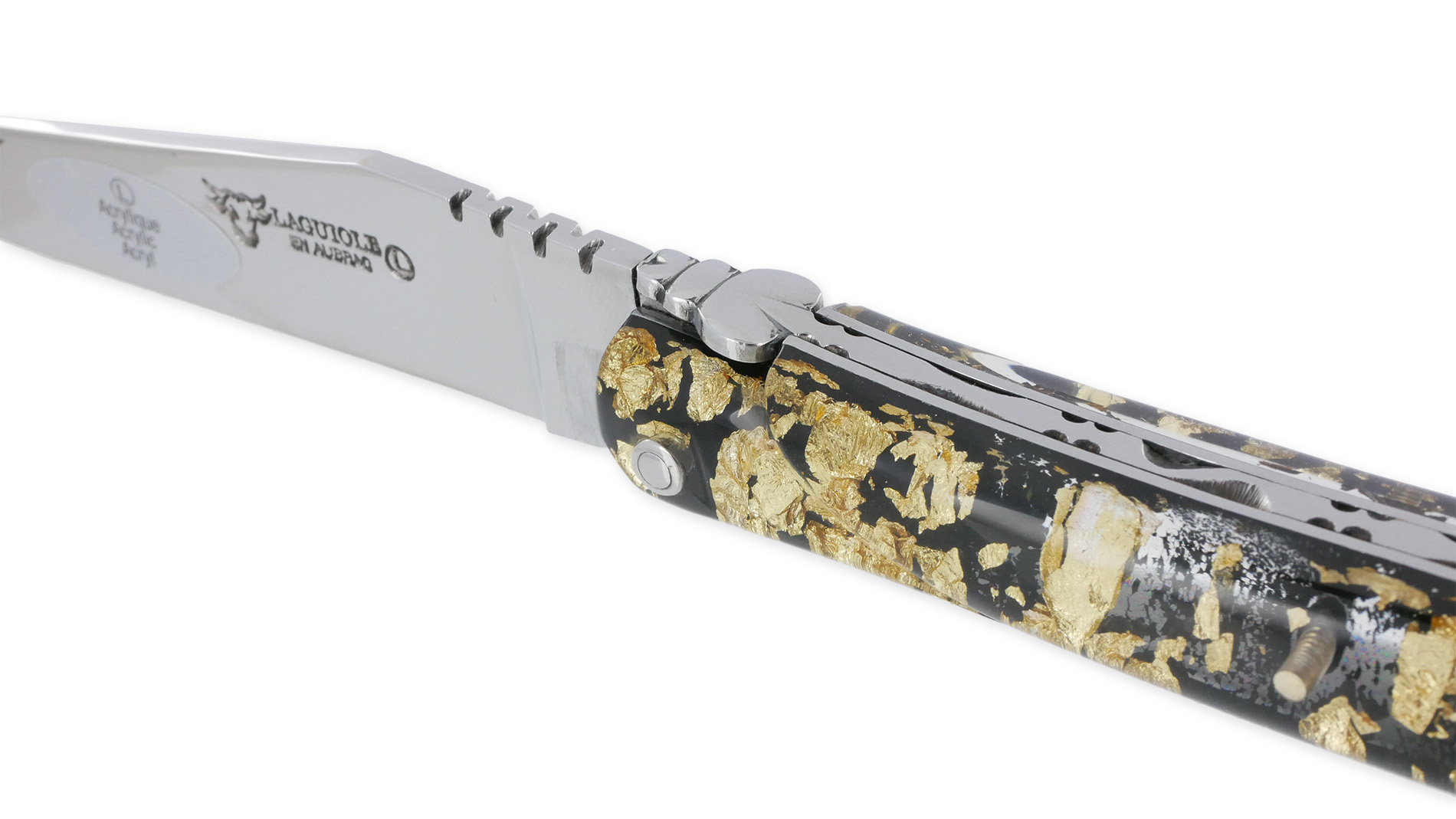 Couteau Laguiole En Aubrac 1 Piece 12 Cm Plein Manche Acrylique Paillete Or Finition Brillante 03