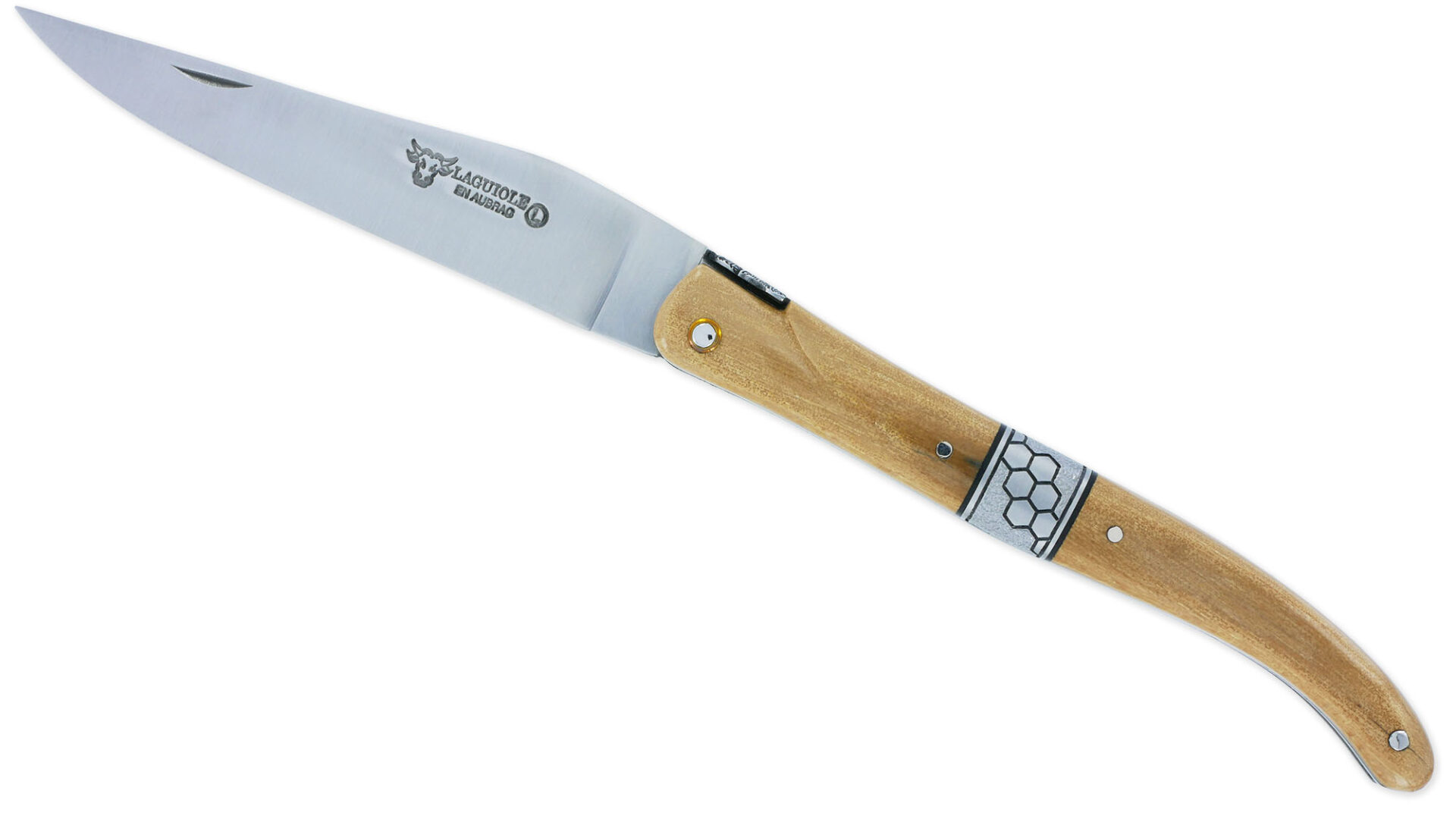 Couteau Laguiole En Aubrac 1 Piece 12 Cm Plein Manche En Croute Ivoire De Mammouth Mitre Centrale Et Ressort Ciseles Nid Abeille En Inox Brosse 01