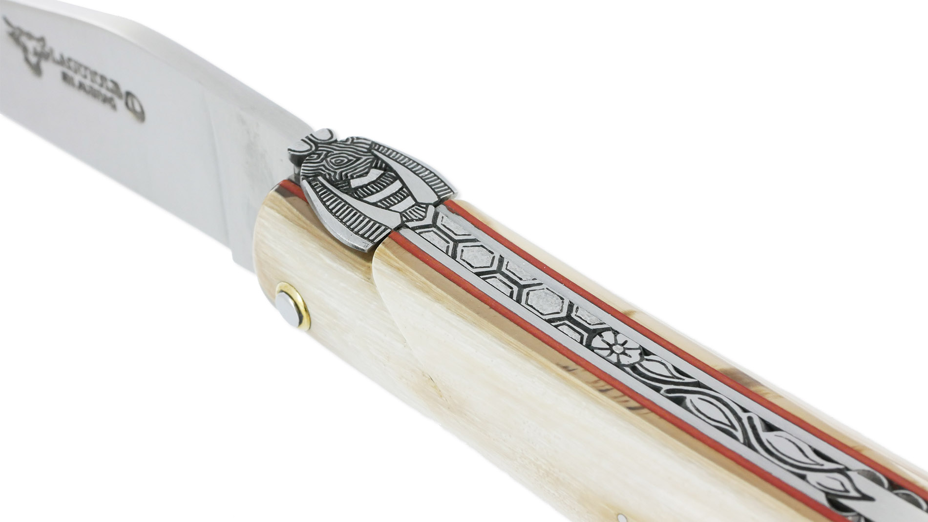 Couteau Laguiole En Aubrac 1 Piece 12 Cm Plein Manche En Ivoire De Mammouth Ressort Et Platines Guilloches Mouche Num4 03