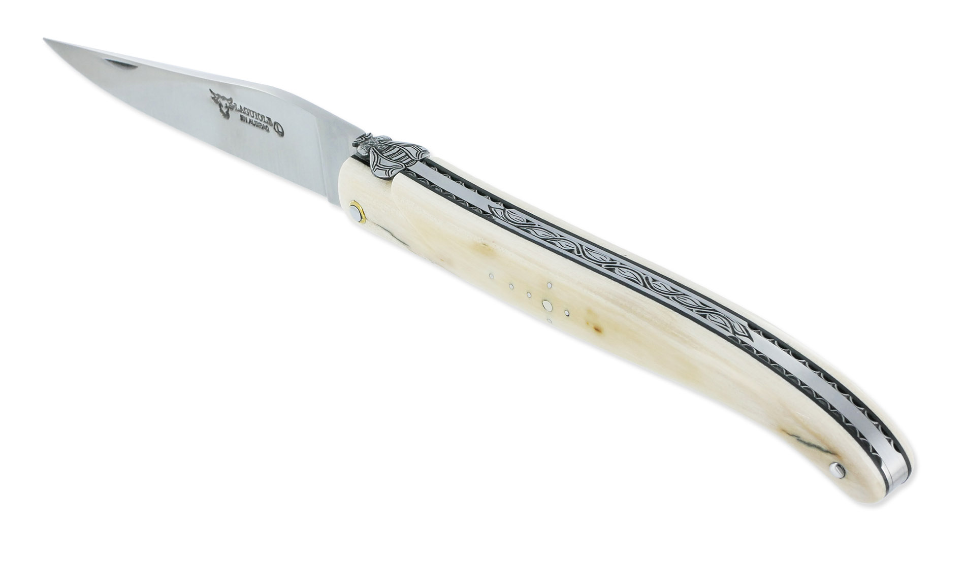 Couteau Laguiole En Aubrac 1 Piece 12 Cm Plein Manche En Ivoire De Mammouth Ressort Et Platines Guilloches Mouche Num8 02