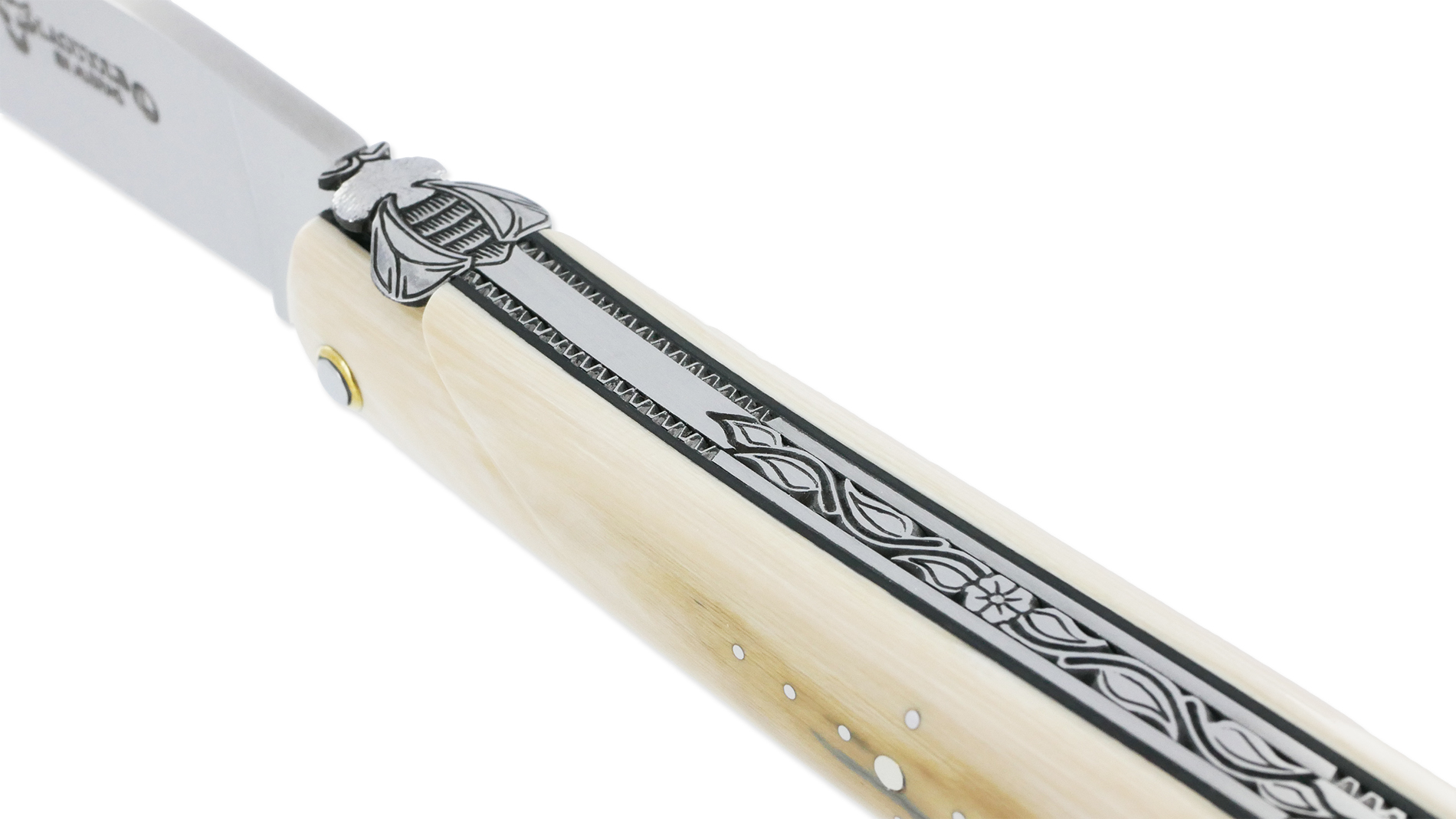 Couteau Laguiole En Aubrac 1 Piece 12 Cm Plein Manche En Ivoire De Mammouth Ressort Et Platines Guilloches Mouche Num 3 03