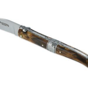 Couteau Laguiole En Aubrac 1 Piece 12 Cm Plein Manche En Loupe De Peuplier Mitre Centrale Ciselee En Inox Brosse 01