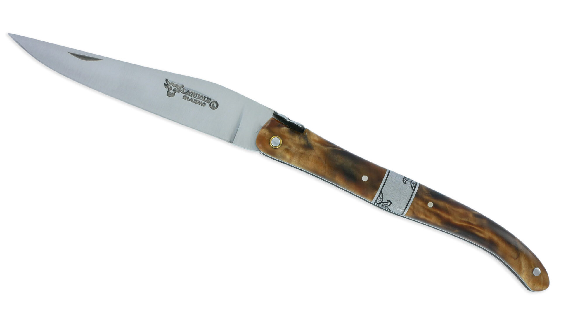 Couteau Laguiole En Aubrac 1 Piece 12 Cm Plein Manche En Loupe De Peuplier Mitre Centrale Ciselee En Inox Brosse 02