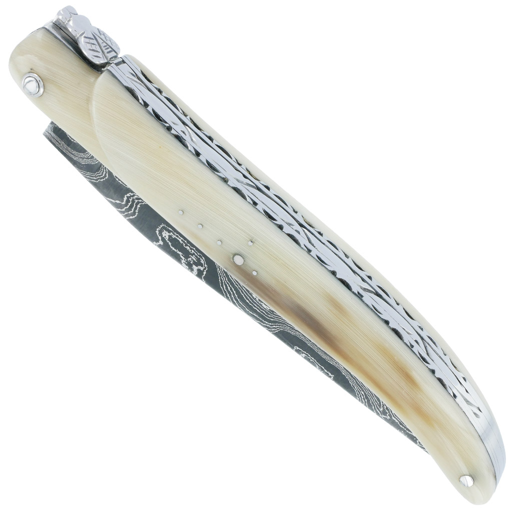 Couteau Laguiole En Aubrac 1 Piece 12cm 2 Plein Manche Pointe De Corne Double Platines Lame Damas Feuillete 00