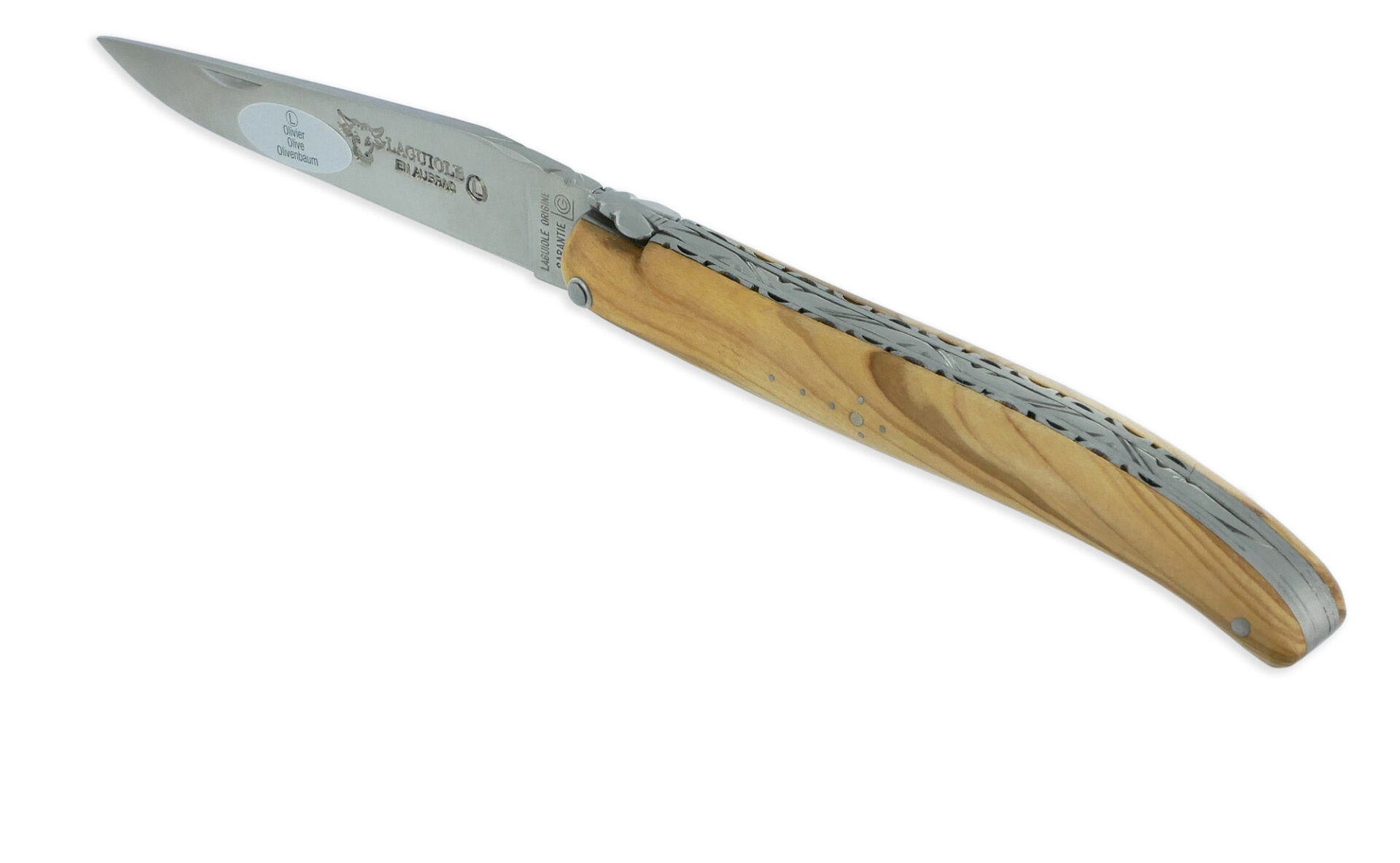 Couteau Laguiole En Aubrac 1 Piece 12cm Manche Olivier Plein Manche Finition Brosse Double Platines 01