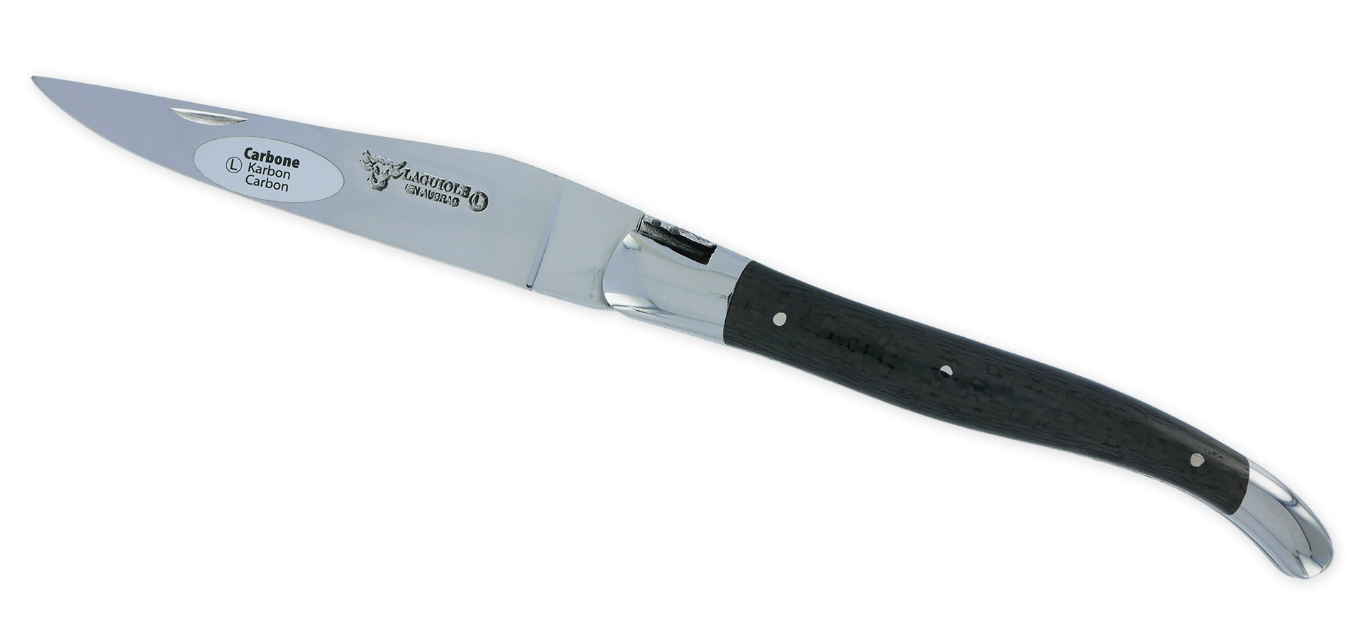 Couteau Laguiole En Aubrac 1 Piece 12cm Carbone 2 Mitres Inox Brillant Platines Et Ressort Guilloches Finition Brillante 01