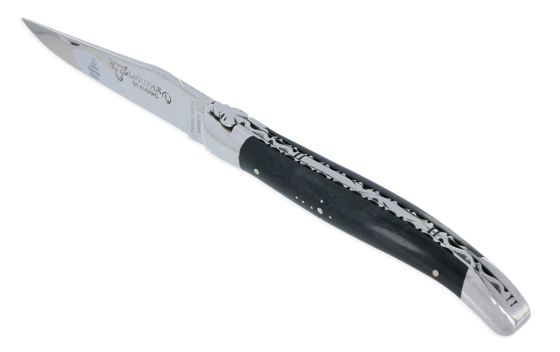 Couteau Laguiole En Aubrac 1 Piece 12cm Ebene 2 Mitres Inox Brillant Platines Et Ressort Guilloches Finition Brillante 01