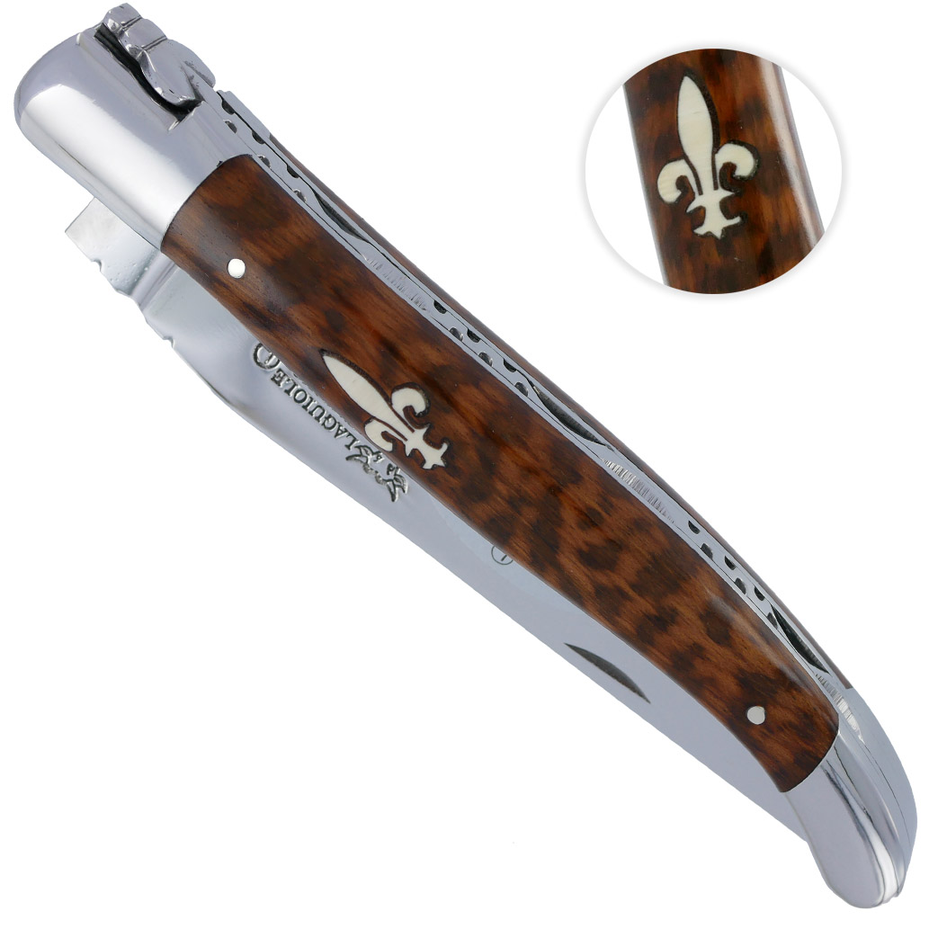 Couteau Laguiole En Aubrac 1 Piece 12cm Manche Amourette Avec Incrustation Marqueterie Fleur De Lys En Ivoire De Mammouth 2 Mitres Inox Brillant 00