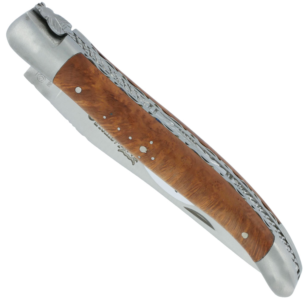 Couteau Laguiole En Aubrac 1 Piece 12cm Manche Bruyere 2 Mitres Double Platines 00