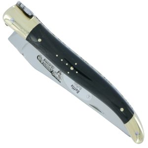 Couteau Laguiole En Aubrac 1 Piece 12cm Manche Buffle Mitres Et Platines Laiton Brillant Ressort Guilloche 00