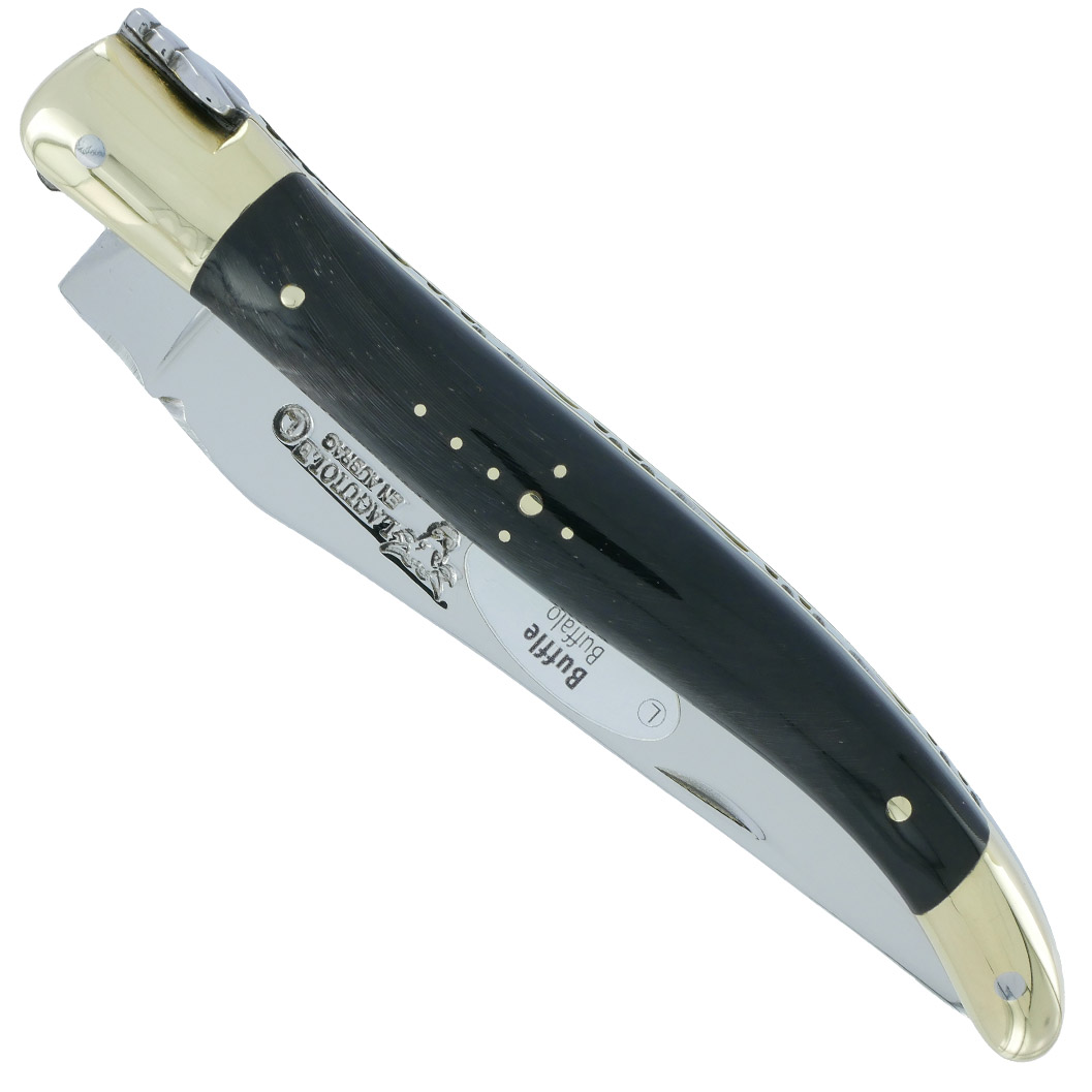 Couteau Laguiole En Aubrac 1 Piece 12cm Manche Buffle Mitres Et Platines Laiton Brillant Ressort Guilloche 00