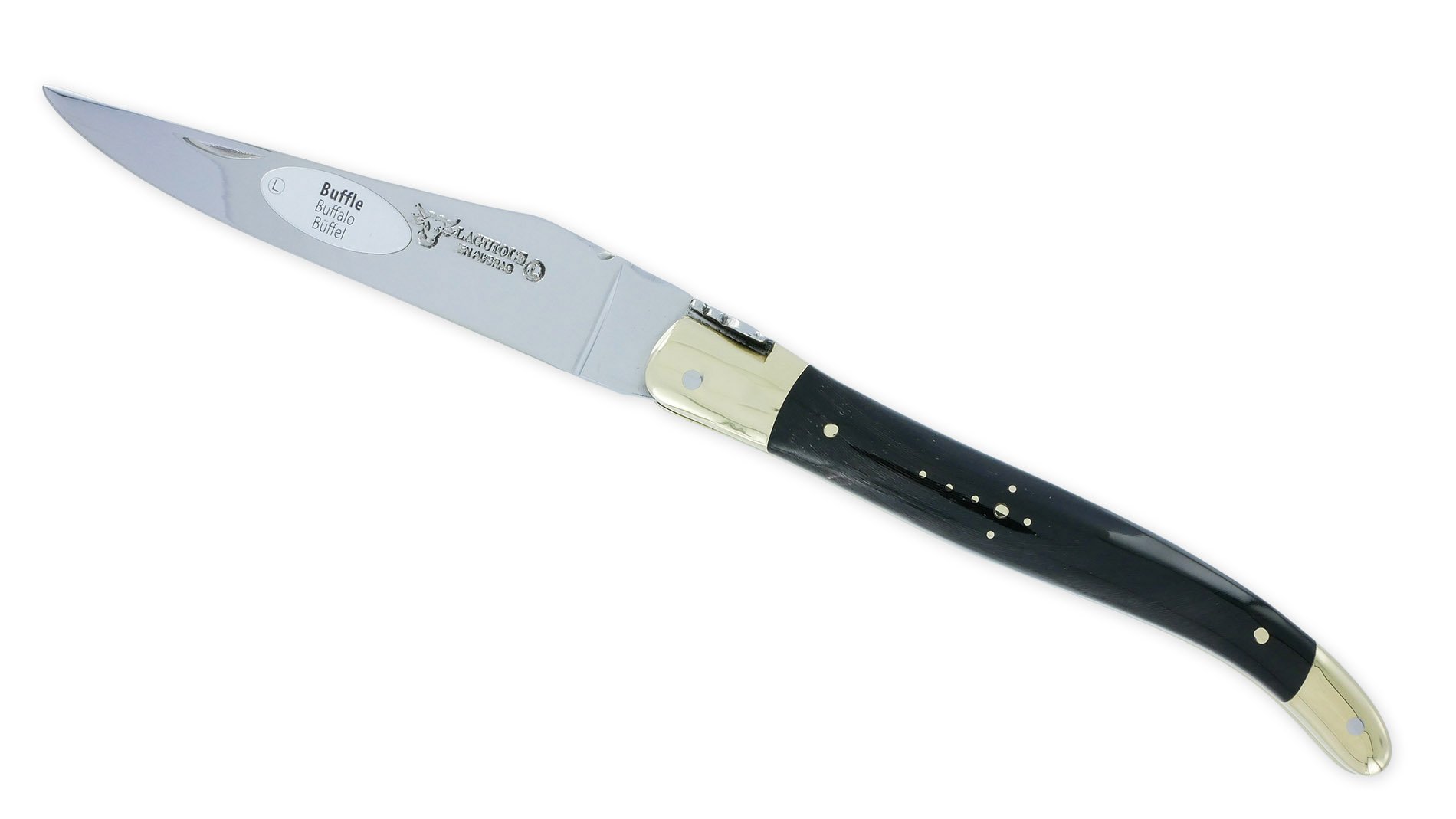 Couteau Laguiole En Aubrac 1 Piece 12cm Manche Buffle Mitres Et Platines Laiton Brillant Ressort Guilloche 03