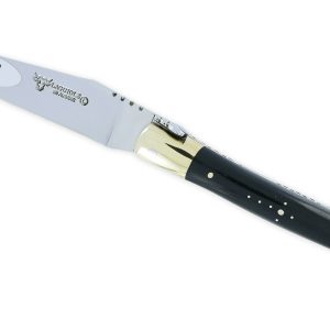 Couteau Laguiole En Aubrac 1 Piece 12cm Manche Ebene Mitres Et Platines Laiton Brillant Ressort Guilloche 02