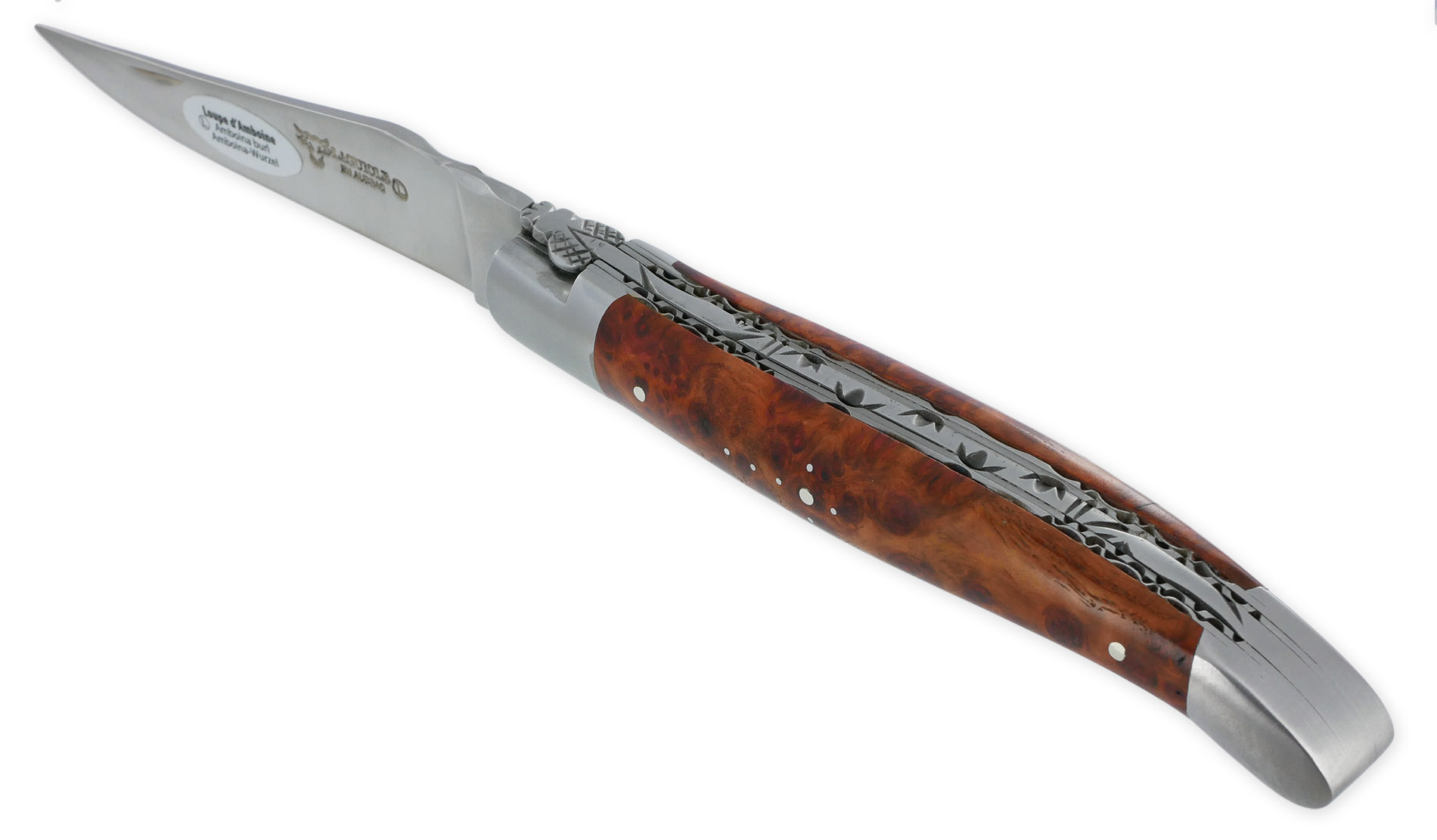 Couteau Laguiole En Aubrac 1 Piece 12cm Manche En Loupe Amboine 2 Mitres Double Platines Num1 01