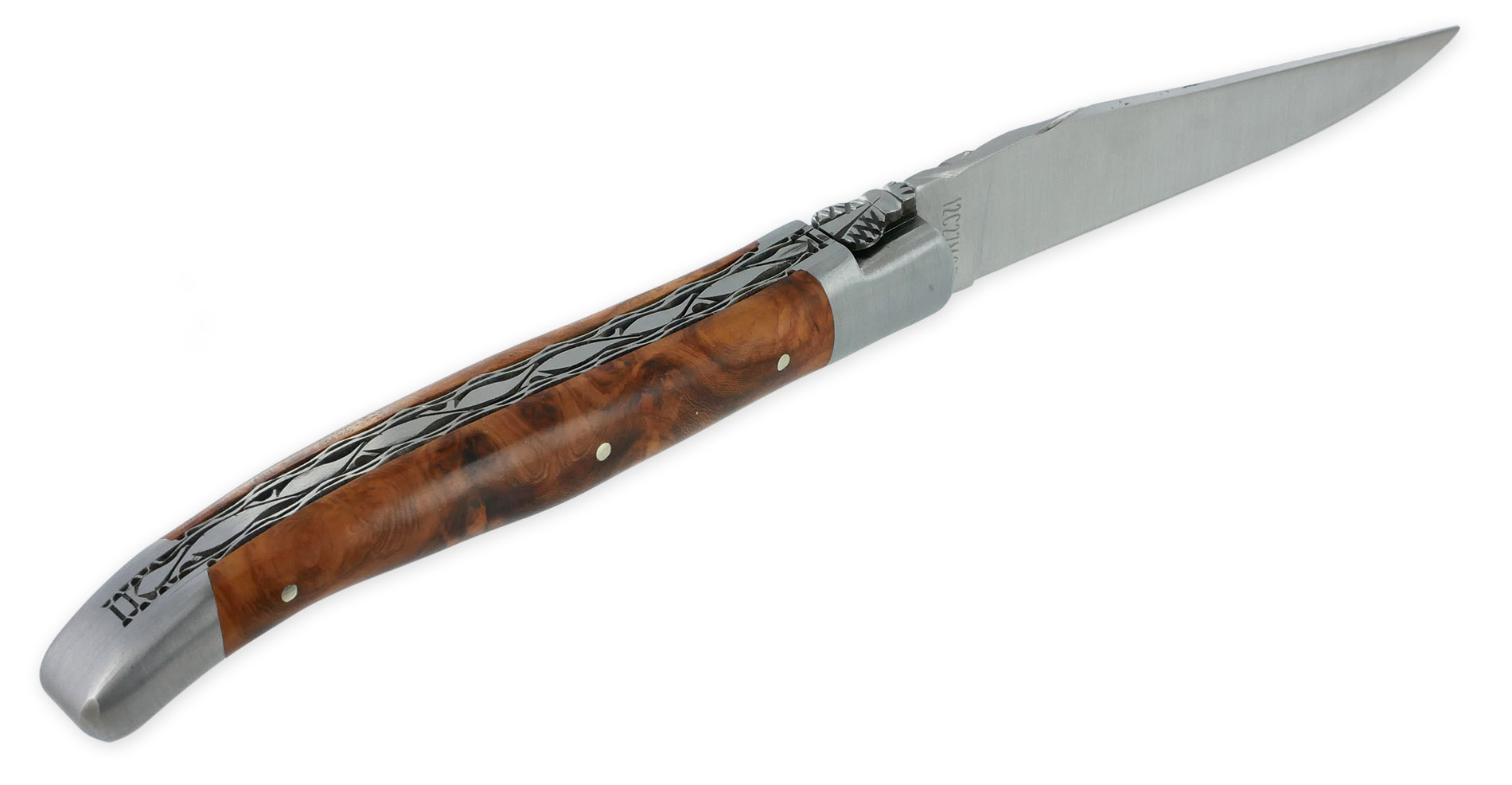 Couteau Laguiole En Aubrac 1 Piece 12cm Manche En Loupe Amboine 2 Mitres Double Platines Num2 02