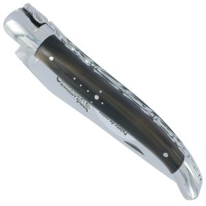 Couteau Laguiole En Aubrac 1 Piece 12cm Manche En Pointe De Corne Num 3 Blonde 2 Mitres Double Platines Et Ressort Guilloches 00