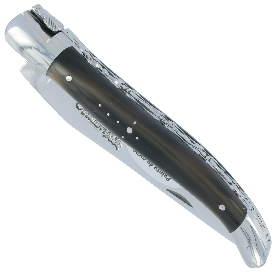 Couteau Laguiole En Aubrac 1 Piece 12cm Manche En Pointe De Corne Num 3 Blonde 2 Mitres Double Platines Et Ressort Guilloches 00