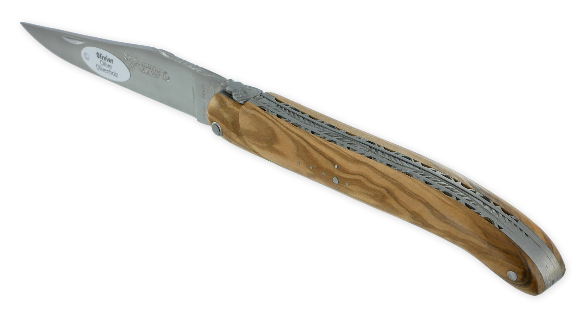 Couteau Laguiole En Aubrac 1 Piece 12cm Manche Olivier Plein Manche Finition Brosse Double Platines Num 2 01