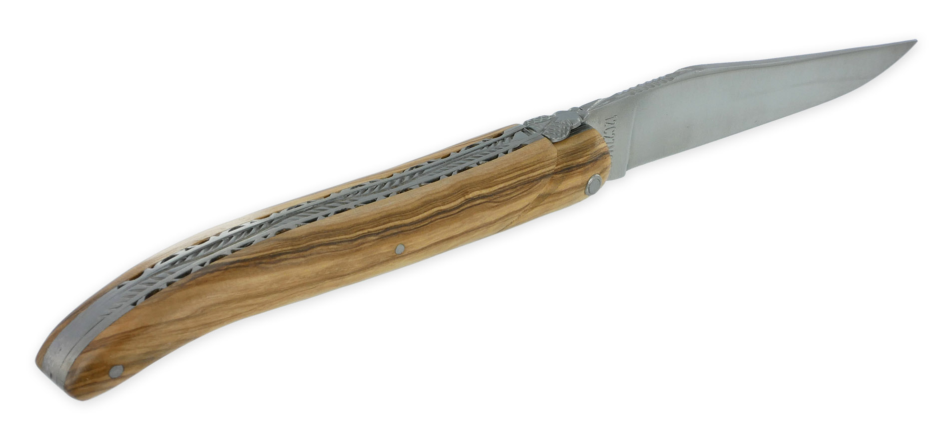 Couteau Laguiole En Aubrac 1 Piece 12cm Manche Olivier Plein Manche Finition Brosse Double Platines Num 2 02