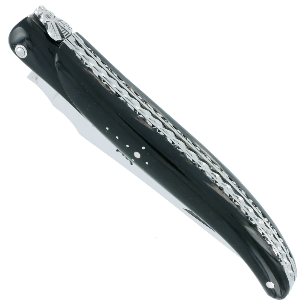 Couteau Laguiole En Aubrac 1 Piece 12cm Plein Manche Buffle Ressort Spiral Finition Brillante Double Platines 00