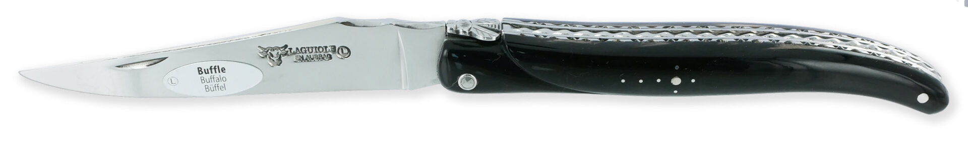 Couteau Laguiole En Aubrac 1 Piece 12cm Plein Manche Buffle Ressort Spiral Finition Brillante Double Platines 01