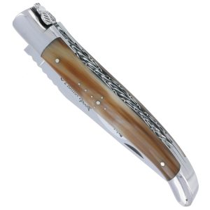 Couteau Laguiole En Aubrac 1 Piece 12cm Pointe De Corne 2 Mitres Inox Brillant Double Platines Et Ressort Spirale Guilloches Finition Brillante 00