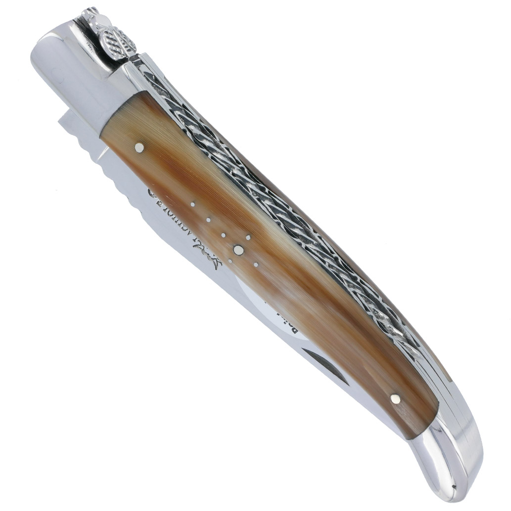 Couteau Laguiole En Aubrac 1 Piece 12cm Pointe De Corne 2 Mitres Inox Brillant Double Platines Et Ressort Spirale Guilloches Finition Brillante 00