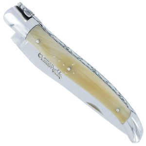 Couteau Laguiole En Aubrac 1 Piece 12cm Pointe De Corne 2 Mitres Inox Brillant Platines Et Ressort Guilloches Finition Brillante 00