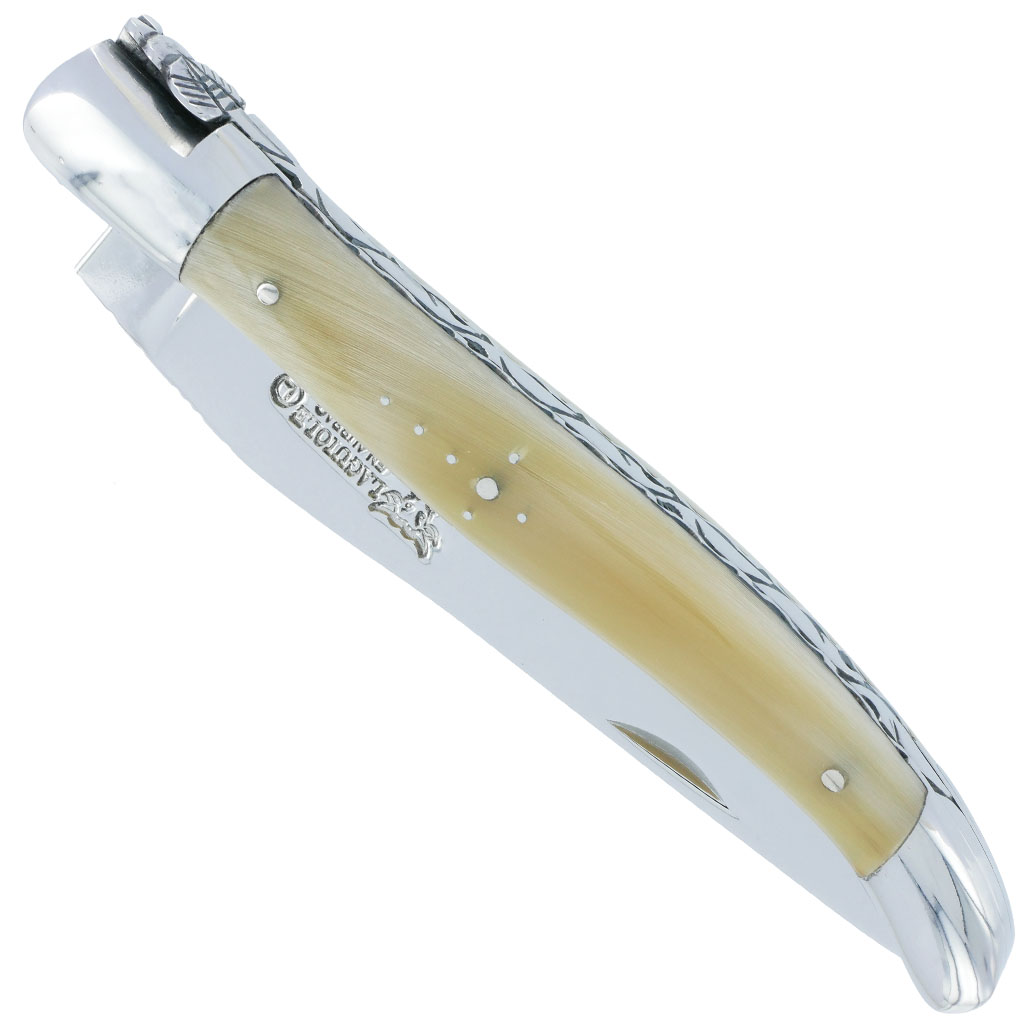 Couteau Laguiole En Aubrac 1 Piece 12cm Pointe De Corne 2 Mitres Inox Brillant Platines Et Ressort Guilloches Finition Brillante 00