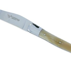 Couteau Laguiole En Aubrac 1 Piece 12cm Pointe De Corne 2 Mitres Inox Brillant Platines Et Ressort Guilloches Finition Brillante 01