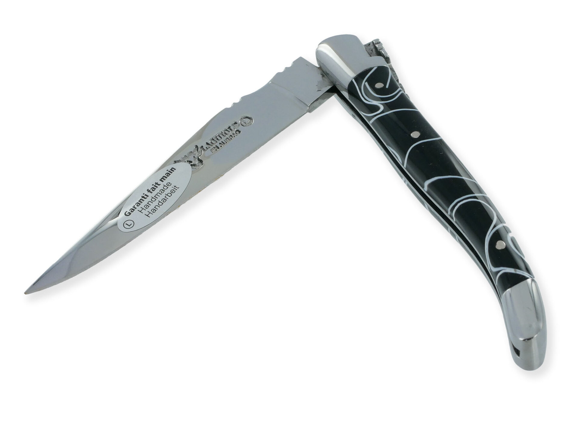 Couteau Laguiole En Aubrac 1 Piece Guimauve Noir Manche Acrylique 2 Mitres Inox Brillant 10cm 01