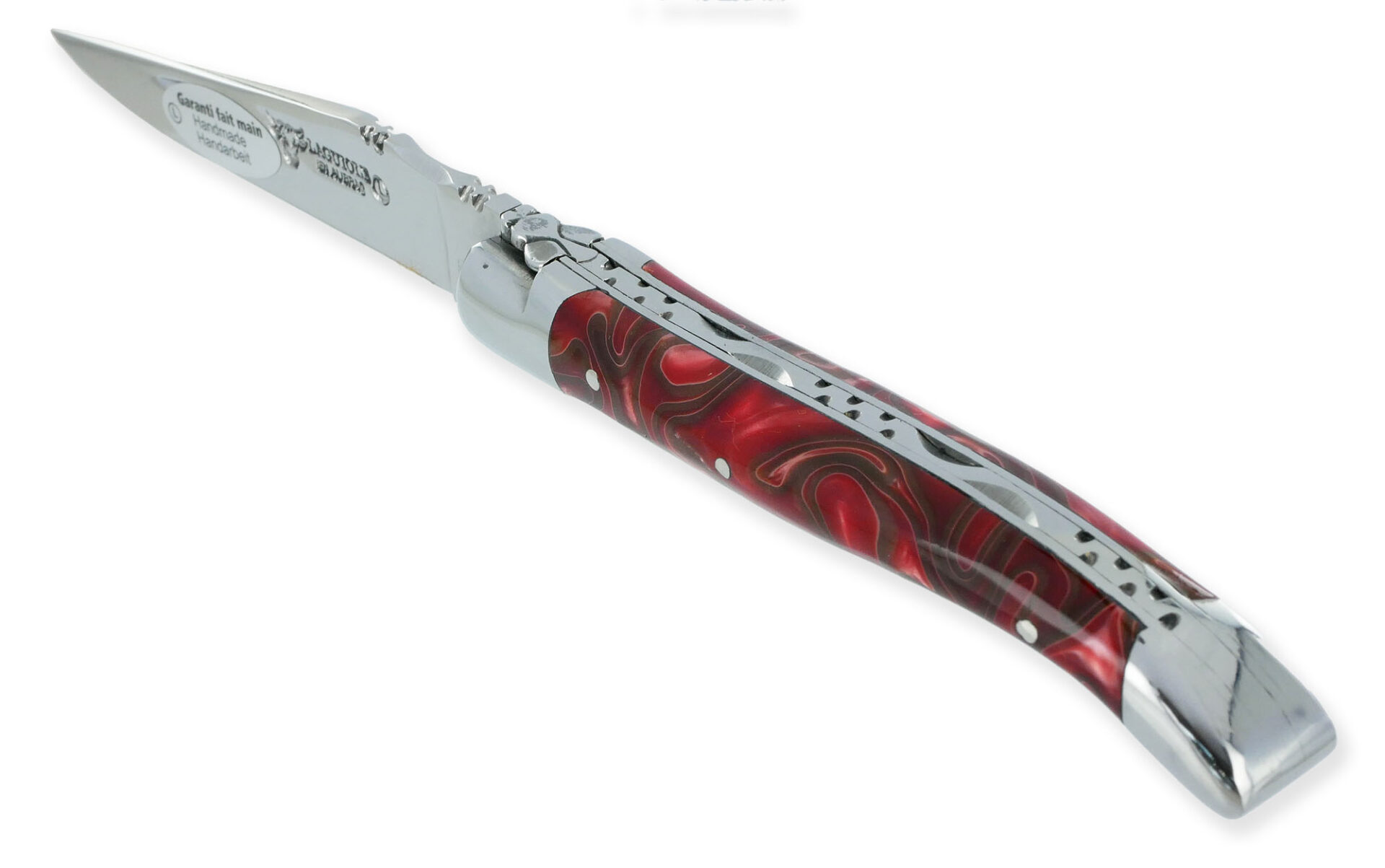 Couteau Laguiole En Aubrac 1 Piece Guimauve Rouge Manche Acrylique 2 Mitres Inox Brillant 10cm 01