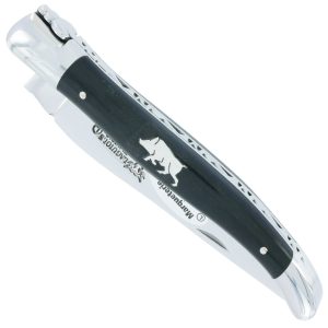 Couteau Laguiole En Aubrac 1 Piece Manche Ebene Marqueterie Sanglier Etain 2 Mitres Inox Brillant 12 Cm 00